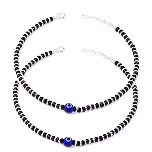 Sterling Silver Anklet | Blue Evil Eye Anklet | Black Beads Anklet |10.5 Inches Standard Size With Adjuster 1 Pair of Anklet