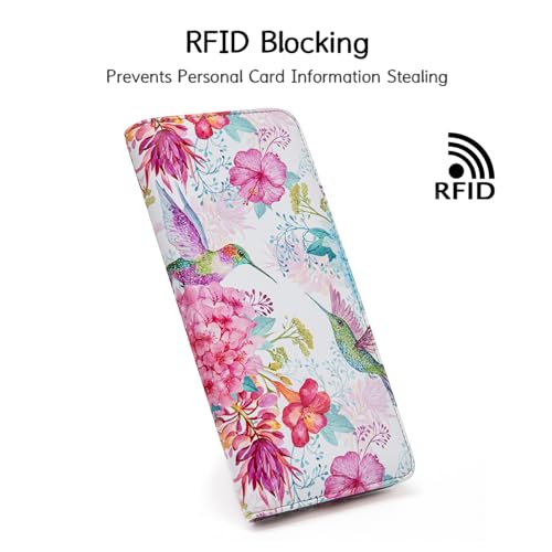Image of Ultra Slim Thin Leather Women Wallet Rfid Blocking Credit Card Holder Bifold Clutch (Flowers and Hummingbirds)