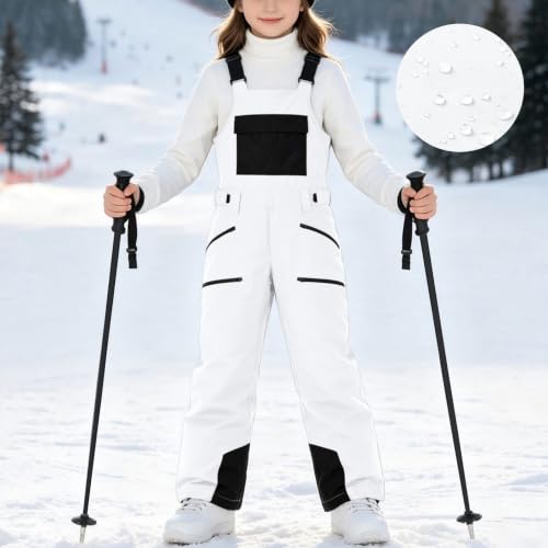 Snow Bibs Kids Waterproof Insulated Snowboard Snowpant with Pockets White - image 2