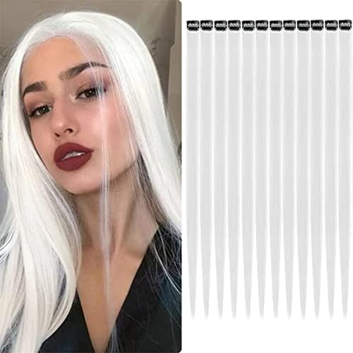 12 PCS White Hair Extensions Clip in, Colored Party Highlights Extension for Kids Girls Synthetic Hairpiece Straight 22 inch