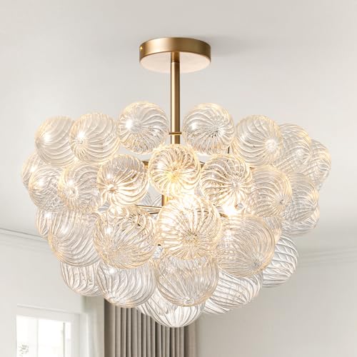 ALIYIQI Bubble Ball Semi Flush Mount Ceiling Light Fixture,20 Inch Gold and Clear Glass Crystal Semi Flush Light Fixture,Chandelier Light for Bedroom Study Restaurant