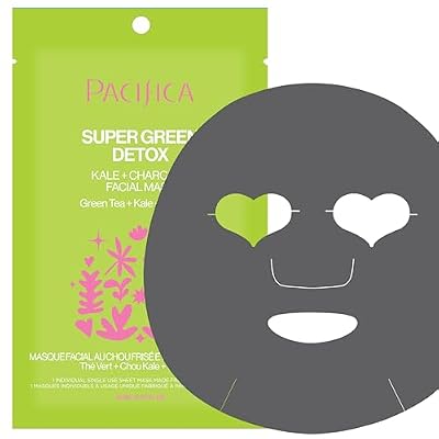 Pacifica Super Green Detox Sheet Mask Charcoal, Kale & Clay Pore Cleansing Mask for Oily, Blemish-Prone Skin, Deep Detox Facial Mask, Vegan