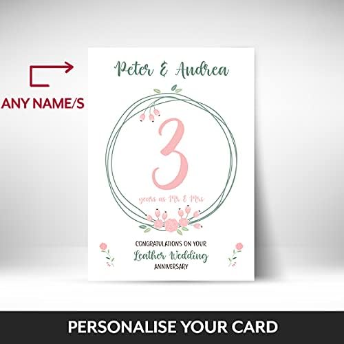 PERSONALISED Milestone Anniversary Card (3rd / third anniversary). Unique greetings card for a Husband, Wife, married couple or Mr & Mrs. On their leather Wedding Anniversary - Floral