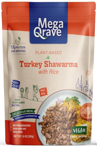 Mega Qrave Plant-Based Turkey Shawarma with Rice, 10 oz – Ready-to-Eat Shelf-Stable Vegan Meal, 17g Protein Per Serving