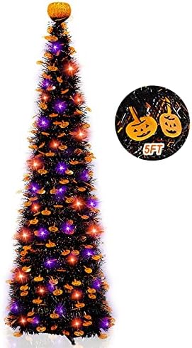 TURNMEON 5Ft Black Tinsel Halloween Tree with 50LED Orange Purple String Lights Timer Pumpkin Ornament Top Pop Up Artificial Pencil Tree Halloween Scary Decorations Home Fireplace Party Indoor Outdoor