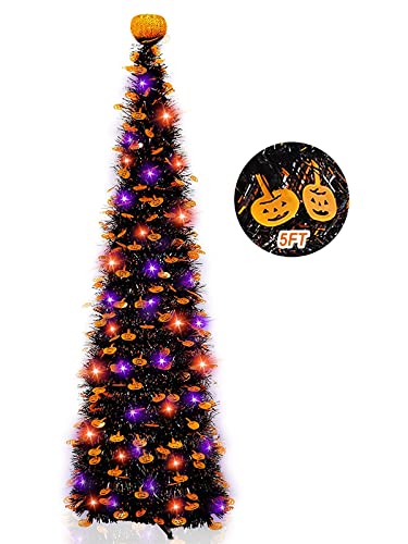 Turnmeon 5Ft Black Tinsel Halloween Tree With 50Led Orange Purple String Lights Timer Pumpkin Ornament Top Pop Up Artificial Pencil Tree Halloween Scary Decorations Home Fireplace Party Indoor Outdoor #TOP12