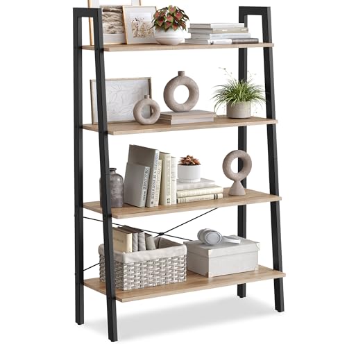 Image of VASAGLE BARNET Collection - Ladder Shelf, Bookshelf, Storage Rack, Modern Bookcase for Living Room Home Office Kitchen, Steel Frame, 4-Tier, 31.5-Inch Wide, Camel Brown and Ink Black ULLS144B50
