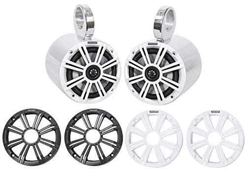 Image of Pair Kicker 45KM654 6.5 inch 390w Marine Boat Speakers KM65 w /Charcoal with White Grilles Bundle with 2 Rockville 6.5 inch Polished Silver Aluminum Wakeboard Tower Speaker Enclosures