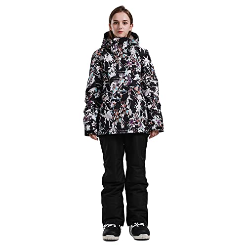 GSOU SNOW Womens Ski Jackets and Pants Snowboarding Snowsuit Coat Hooded Waterproof Windproof Insulated,Purple Flower Black,XS - Thumbnail 6