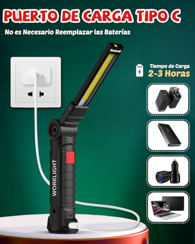 Miniatura 9 de Coquimbo Regalo Hombre Linterna Taller Led Recargable, Linterna Portátil De Trabajo Lámpara De Inspección Con Magnética Base Y Gancho Para Taller Cámping Emergencia 2 Piezas, Negro