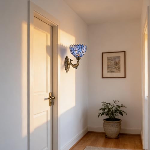 Image of Wisteria Style Wall Sconce 8 inch Blue Purple Stained Glass Tiffany Lamp Antique Bronze Vintage Art Deco Wall Light for Bedroom Hallway Living Room