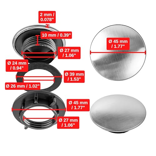 Spülbecken Wasserhahn Loch Abdeckung, 1 Stück, Ø 45 mm Blende, Ø 27 x 10 mm Gewinde, Edelstahl Deckrosette mit Dichtung und Mutter, Hahnlochstopfen, Seifenspender Lochabdeckung, Armatur Hahn Deckel