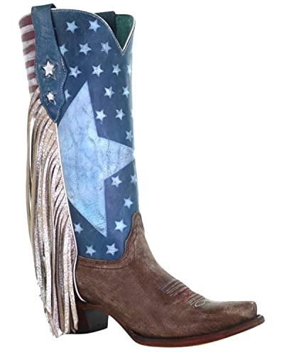 Corral Women's Boot Barn Stars and Stripes Fringe Tall Western Snip Toe Brown/Blue 8.5 M