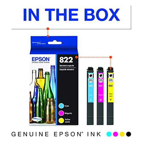 Epson 822 Standard Capacity, Cyan, Magenta, Yellow Jaune -Cartridge Combo Pack (822) For Select Epson Workforce Pro Printers #TOP1