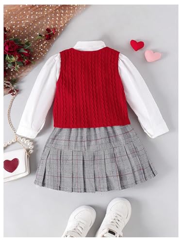 Image of MakeMeChic Girl's 3 Piece Skirt Set Plaid Pleated Skirts Vest Tops Cute Clothes Fall Outfits Red and White 7Y