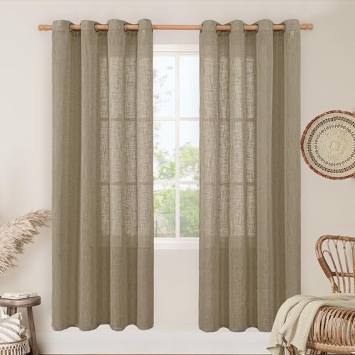 Image of LAMIT Semi Sheer Linen Curtains 80 Inch Length for Living Room, Taupe Light Filtering Window Drapes Bronze Grommet Neutral Burlap Panels for Bedroom /Farmhouse, 2 Panels, 52 x 80 Inch