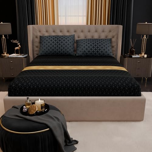 Image of Stoa Paris 100% Bamboo Cotton King Size Fitted Bedsheet with 2 Pillow Covers, 200TC Printed Bed Set, Breathable, All-Season Comfort, Home Decor, Imperial Grandeur - Midnight Crest (182cmx198cm+30cm)