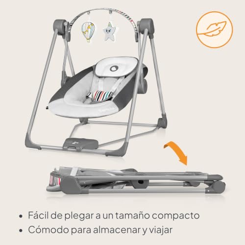 Miniatura 9 de Lionelo Otto Columpio Portátil Para Bebés Hasta 9 Kg, 5 Velocidades De Balanceo, Sistema De Cinturones De Seguridad, Fácil Montaje, Arco De Juguetes Interactivos Ajustable Gris Gris