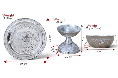 Image of KridayKraft Silver Plated Pooja Thali Set with Swastik Design - Includes Diya and 2 Bowls for Puja, Diwali, and Gifting (19 cm Plate, 110g)
