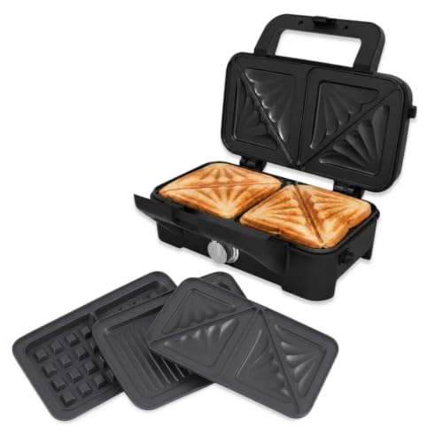 Henotix Waffle Maker 3 in 1 with Removable Plates Sandwich & Toastie Maker with 5 Adjustable Temperature Control 1200W Fast Cooking for Grill Safe Knob Non Stick Coating Cool Touch Handle