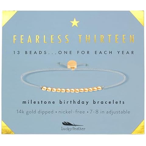 Lucky Feather Gifts for 13 Year Old Girl; 13th Birthday Bracelet with 13 Dainty 14K Gold Dipped Beads on Adjustable Cord; Bat Mitzvah Gift Cover