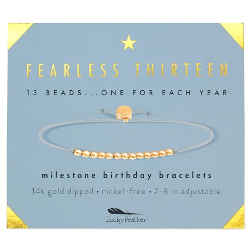 Lucky Feather 13 Year Old Girl Gifts | 13th Birthday Bracelet With Adjustable Cord & Message | 14k Gold Dipped Beads & Other Colors | Trendy Gifts For 13 Year Old Girl