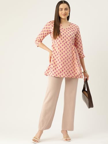 Image of feranoid Floral Print Angrakha 3 Sleeves Flared Kurti