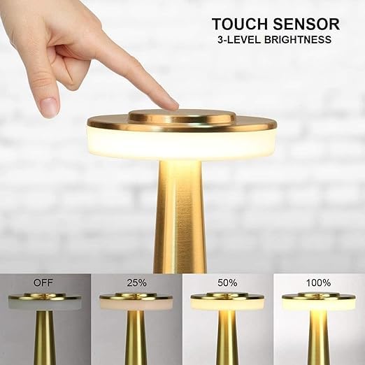 Image of One94Store Retro Gold LED Table Lamp - Touch Sensor, 2000mAh Rechargeable | 3 Brightness Levels Warm Light | Elegant Metal Night Lamp for Bedroom, Kids, Bedside & Cafe Decoration