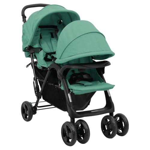 vidaXL Carrito para Gemelos Cochecito Sillita Gemelar Silla de Paseo Canasta Niños Reposapiés Ajustable Dosel Plegable Tándem Verde Acero