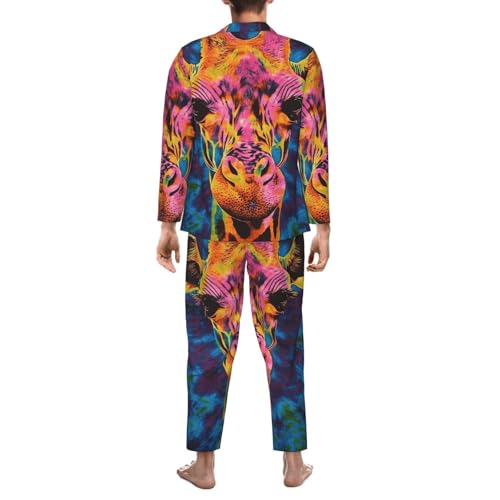 Tie Dye Pattern Of Giraffe Mens Pajamas Set Button Down Sleepwear Set Long Sleeve Loungewear With Pockets2