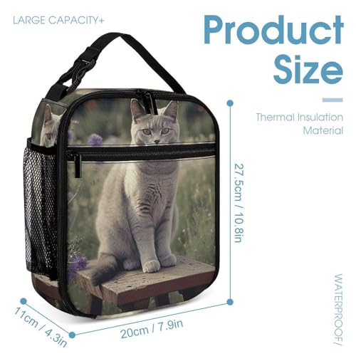 Gray Cat in Flower Field Backpack Set 3 Piece, Durable Backpack Insulated Lunch Bag Portable Pencil Case for Men Women4
