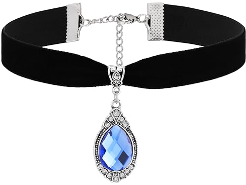Sacina Blue Victorian Velvet Choker, Gothic Goth Choker Necklace, Vintage Costume Jewelry, Christmas Jewelry Gifts for Women