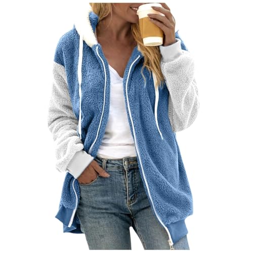Winter Jackets for Women Full Zip Up Fuzzy Fleece Jacket Hooded Color Block Patchwork Cardigan Coats with Pockets
