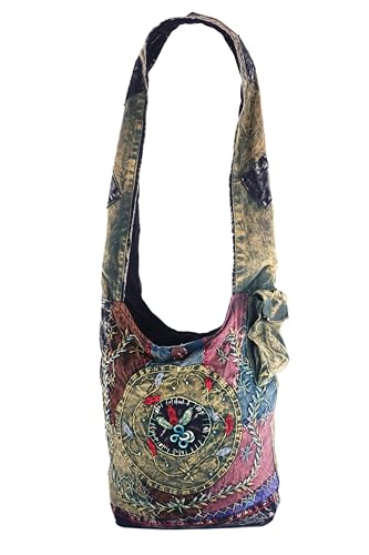 Bolsa transversal feita à mão em jacquard de algodão, tamanho grande, fecho de zíper superior, bolsa Hobo bordada, design de patchwork, Multicor, 16 inches x 12 inches