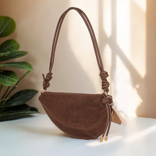 Image of Small Suede Dumpling Crossbody Bag for Women, Hobo Shoulder Purse with Cute Baseball Charms & Adjustable Strap