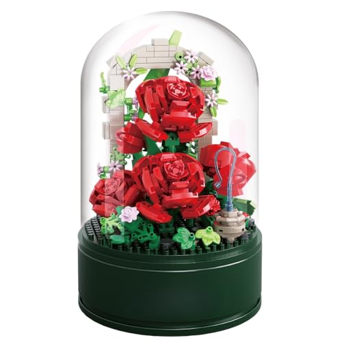 SHOP-STORY Bouquet de Roses à Construire sous Cloche avec Musique – 574 Briques, Mélodie Intégrée, Jeu de Construction Décoratif