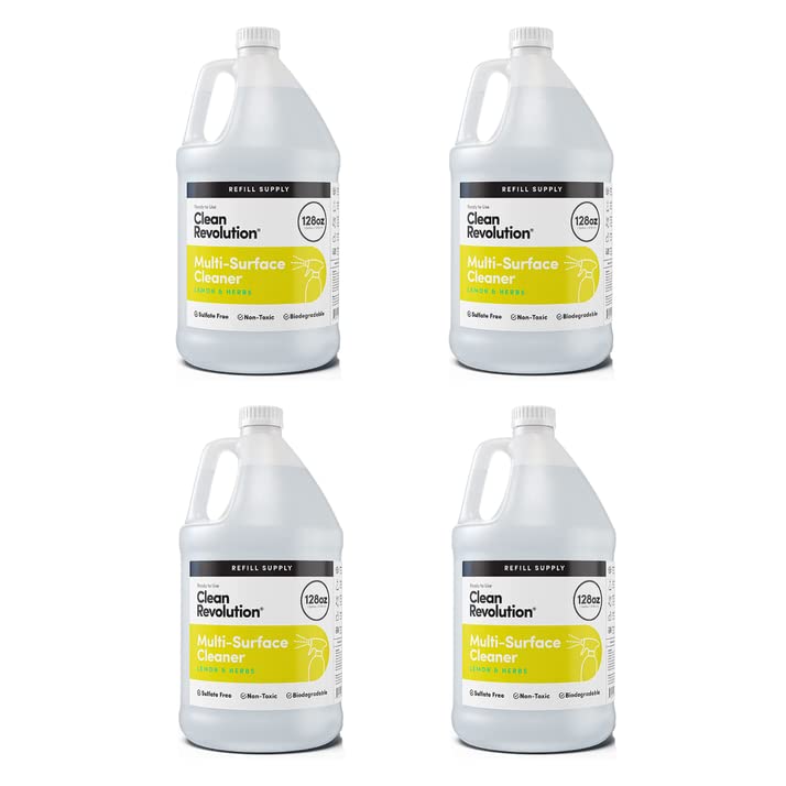 Image of Clean Revolution Multi-Surface Cleaner Refill Supply | Non-Toxic, Eco-Friendly & Plant-Based | Ready To Use | Lemon & Herbs | 128 Fl Oz, 4 Pack, 512 Total Fl Oz