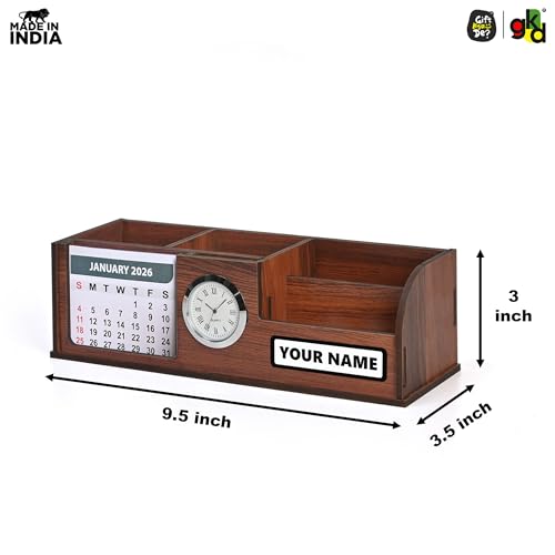 Image of Gift Kya De Personalized Stationery Desk Organizer With 2026 Calendar, Clock, And 4 Compartments - Elegant Wooden Table Organizer For Office And Home Use
