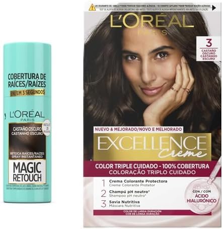 Lote de L'OREAL PARIS Magic Retouch Spray Retoca Raíces y Canas Color Castaño Oscuro + L´ORÉAL PARIS Excellence Creme Tinte Permanente - Tono 3 Castaño Oscuro