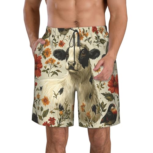 Men Swim Trunks Beach Shorts Swimwear Summer Bathing Suits - Cow Birds Flowers