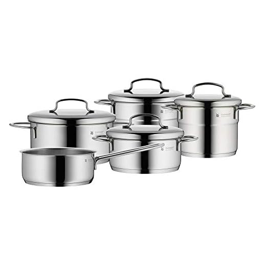 WMF Mini 798566040 pannenset 5-delig, incl. 4 RVS deksels & Steelpan, Cromargan 18/10 RVS, Ruimtebesparend Stapelbaar Design, TransTherm universele bodem, Vaatwasmachine bestendig