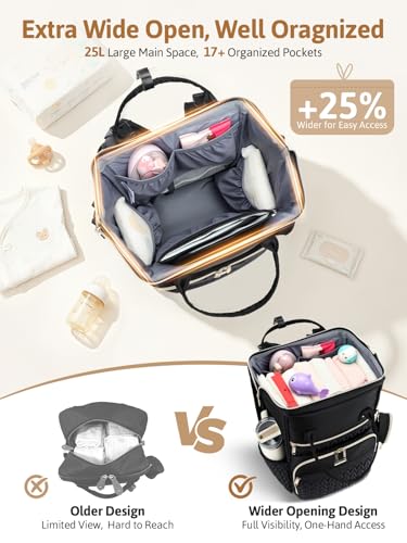 Lekesky Quilted Diaper Bag Backpack, Wide Opening Large Baby Bag for Mom Dad Maternity Baby Boy Girls, Black Travel Diaper Backpack with Changing Pad, Insulated Pockets, Pacifier Case — view 3