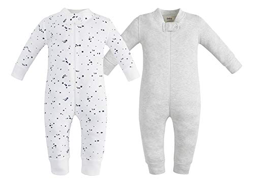 Owlivia Organic Cotton Baby Boy Girl 2 Pack Zip up Sleep N Play, Footless, Long Sleeve(18-24Months, Gray Melange+Blue Star)