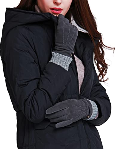 YISEVEN Damen Winter Handschuhe aus Echtem Schaffell Leder Handschuhe mit Warm Gefüttert Geschenke,Dunkel Grau Mittel/7.0" Cover
