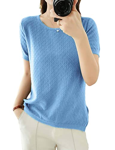 Image of Womens Short Sleeve Sweaters Tops Summer Thin Pullover Cotton Knit Shirt Crew Neck Lightweight Pointelle Blouse