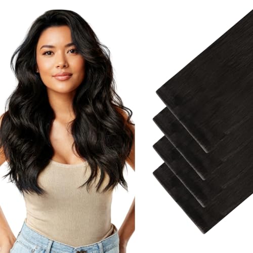 GOO GOO Invisi Edge Wide Tape in Hair Extensions,1B Natural black,4pcs 16inch 20g, Remy Human Hair,Seamless Injected Tape, Natural Look
