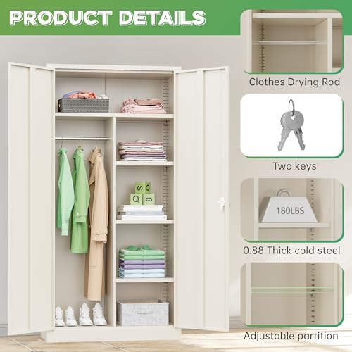 Image of INTERGREAT Metal Wardrobe Cabinets with Lock,Clothing Locker 72 inch X 36 inch X 18 inch Storage Cabinets with Doors and Adjustable Shelves,Tall Steel Storage Locker for Home, School, Office,Bedroom (Grey)