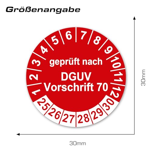 LabelTec Prüfplaketten geprüft nach DGUV Vorschrift 70 Prüfaufkleber 2025-2030 Aufkleber Prüfetiketten Vinyl PVC Plaketten wasserfest Folie selbstklebend LTA005 (50, Rot, ⌀30mm)