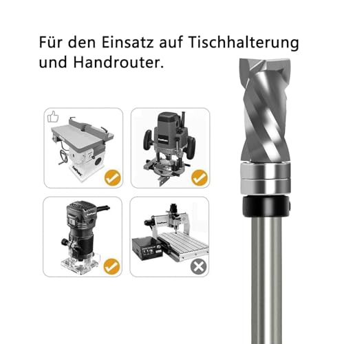 Bündigfräser Spiralfräser 8mm Schaft - Up&Down Kompression Spiralnutfräser, 12mm Schnittdurchmesser, 25.4mm Schnittlänge, mit Doppeltem Kugellager, Spiralgenutet OberfräSe Fräser für Holzfräser