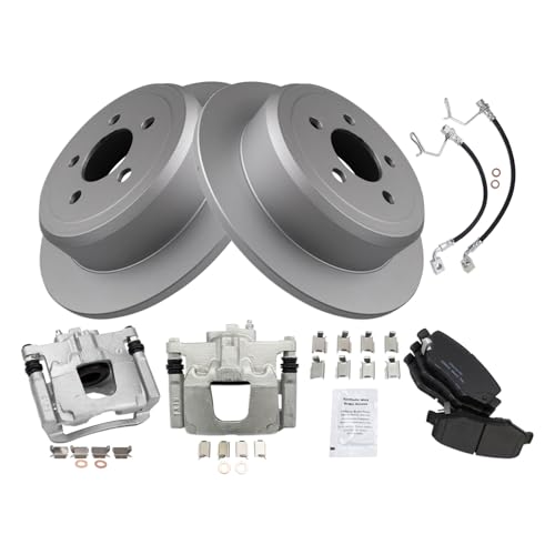 Image of TRQ Rear Brake Pad and Rotor Set Ceramic G Coated Rotors Calipers Hoses Compatible with 2008-2012 Jeep Liberty